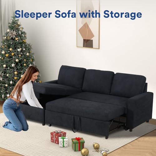 Image of Rovibek 83 inch Convertible Sofa Bed Couch with Storage - 4 in 1 L Shaped Sofa with Pull Out Couch Bed for Living Room, Apartment, Office, Small Spaces, Black