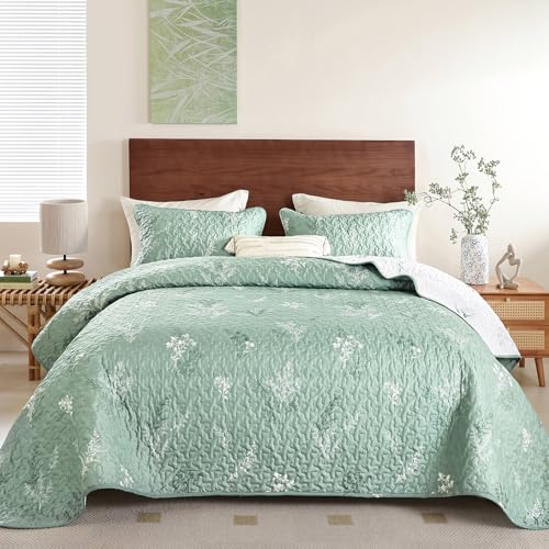 Drucon Sage Green Quilt Queen Size Reversible Botanical Floral Quilt Bedding Set 3 Piece Microfiber Lightweight Bedspreads with 2 Pillow Cases