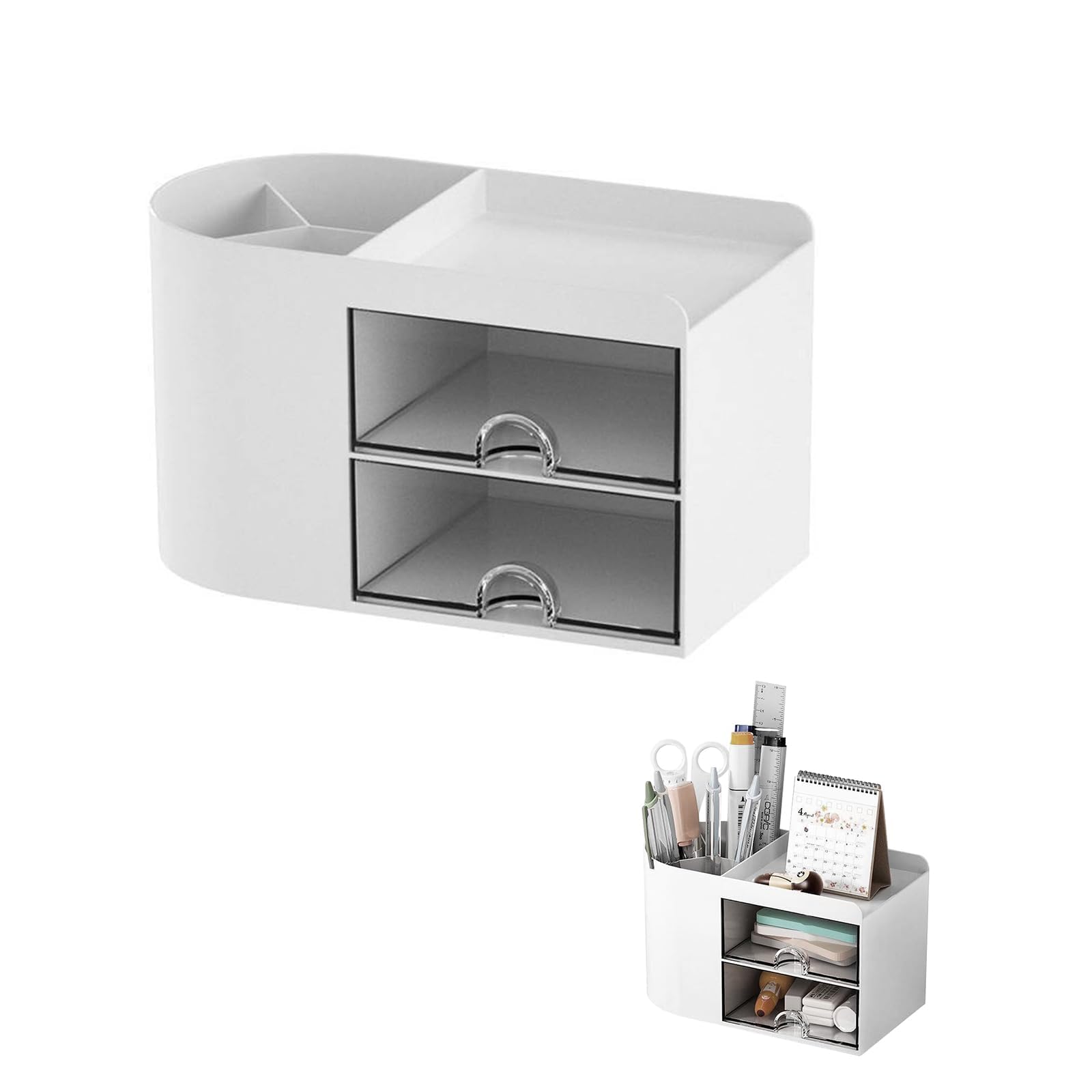 EHOTER Desk Organiser with 2 Drawers Multifunctional Desk Tidy Organisers Plastic Table Desktop Stationary Organisers for School Office Home (White)