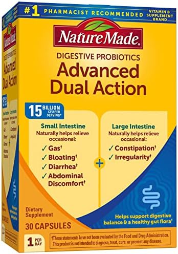 Nature Made Digestive Probiotics Advanced Dual Action, Dietary Supplement for Digestive Health Support, 30 Probiotic Capsules, 30 Day Supply