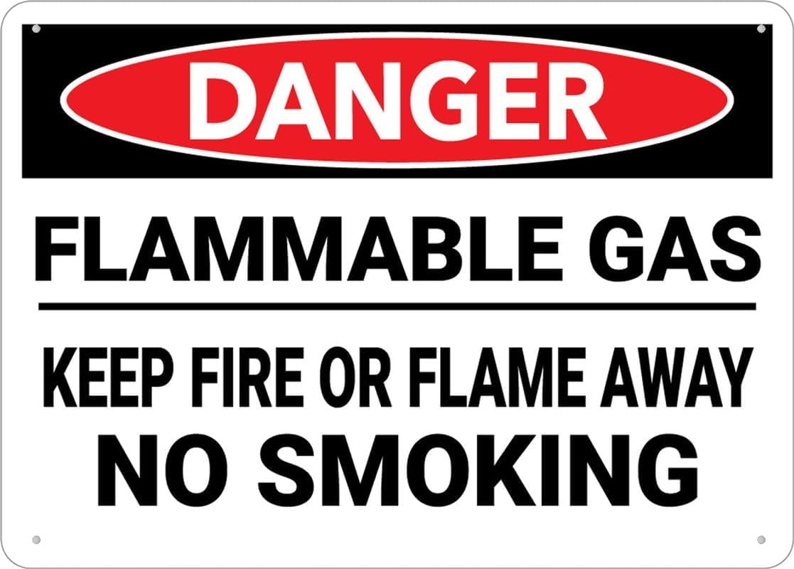 Danger Flammable Gas Keep Fire Or Flame Away No Smoking Rust Free Aluminum Tin Sign - Warning Decor with Pre-Drilled Holes for Indoor-Outdoor Gas Station, Factory Gas Zone - 8x12 Inch​