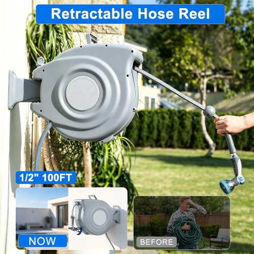 Retractable Garden Hose Reel Heavy Duty Automatic Water Hose Reel with 10-Function Sprayer Nozzle Kink-Free Auto Rewind — view 2