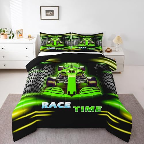 Image of Feelyou Kids Ombre Race Car Comforter Set Queen Size, Racing Sports Duvet Insert Boys Girls Karting Road Bedding Set Teens Bedroom Decor Microfiber Bed Set