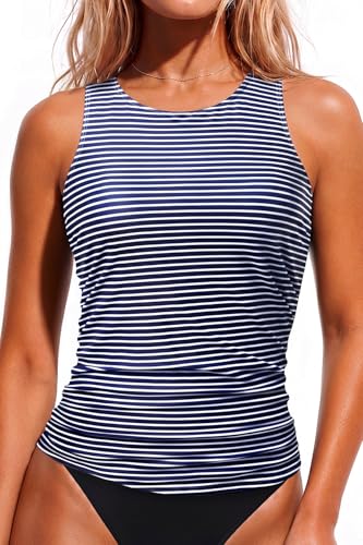 Image of Daci Tankini Tops for Women Tummy Control Swim Top Only | High Neck, Ruched Front, Full Coverage, Removable Pads, No Bottom, Soft Stretch Fabric, Fully Lined, Beach and Water Sports