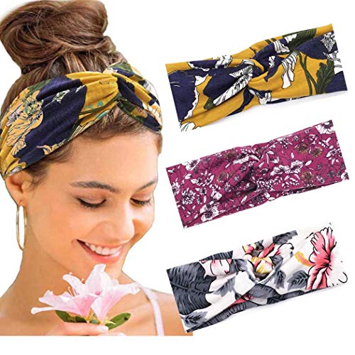 Favelo Boho Criss Cross Headbands Yoga Strench Sweat Hair Bands Yellow Workout Flower Head Wraps for Women and Girls （Pack of 3） (Style1)