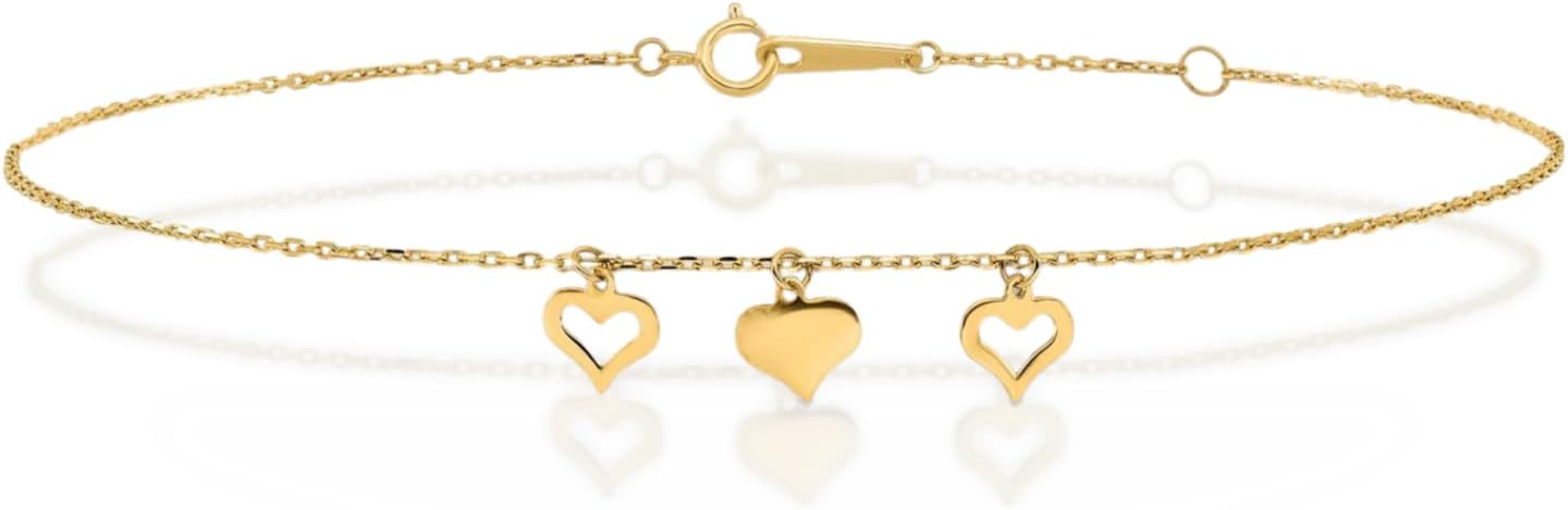 IceCarats 14K Solid Yellow Gold 1mm Dainty Cable Chain Heart Bracelet Anklet 9 Plus Polished