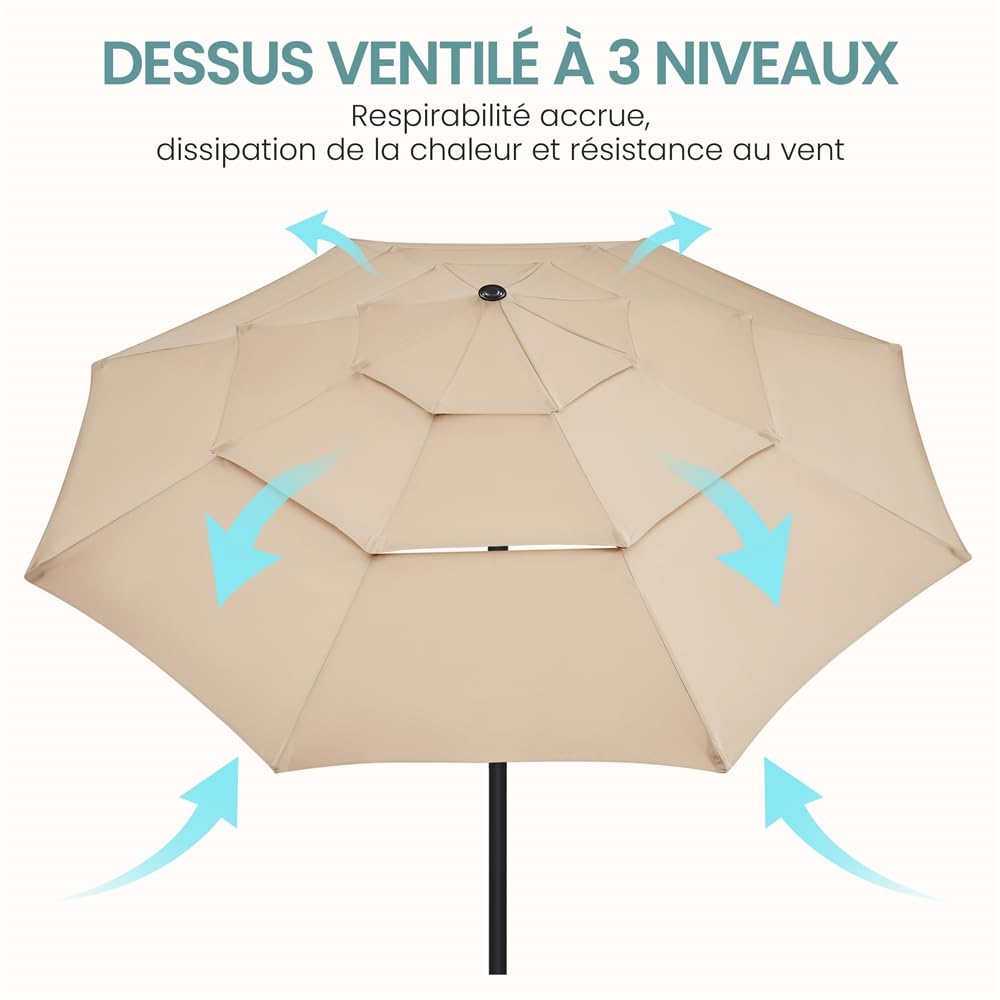 Yaheetech Parasol de Jardin Extérieur 324 cm 3 Niveaux 8 Baleines avec Bouton-poussoir Parasol Inclinable en Polyester avec Protection UV pour Terrasse Jardin Patio Plage Piscine Kaki