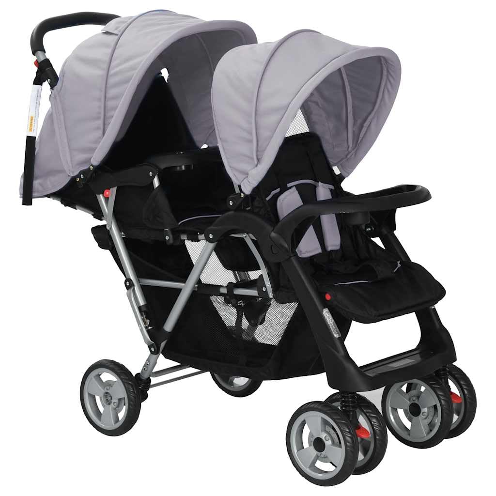 vidaXL Passeggino Gemellare a Tandem in Acciaio Grigio e Nero Carrozzina Bimbi