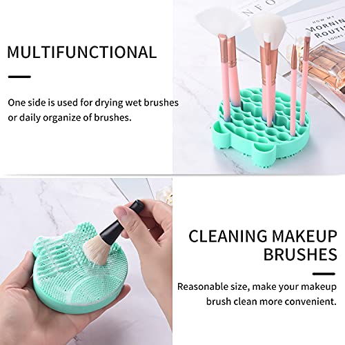 Silicon Makeup Brush Cleaning Mat with Brush Drying Holder Brush Cleaner Mat Portable Bear Shaped Cosmetic Brush Cleaner Pad+Makeup Brush Dry Cleaned Quick Color Removal Sponge Scrubber Tool (Green)