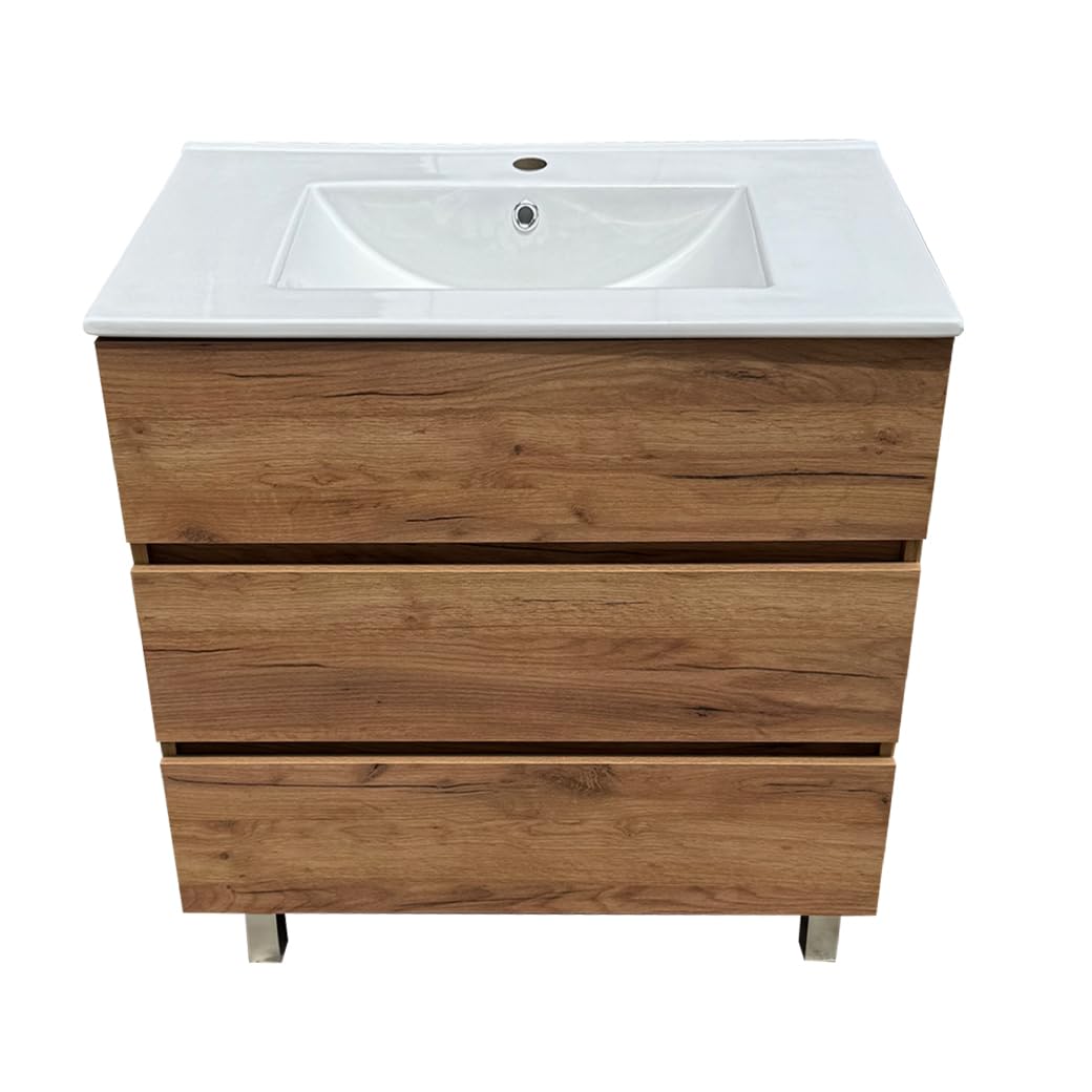 Juego Mueble Baño con Lavabo. Mueble Lavabo 80 cm. Mueble Bajo Lavabo Compacto Preinstalado de Fábrica. Mueble Baño con Lavabo 80 cm con Pie de Porcelana. No Incluye Espejo.