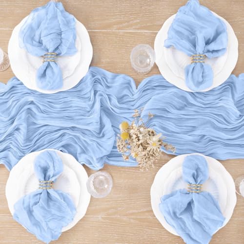 Image of MLMC Light Blue Table Runner Baby Blue Cheesecloth Table Runner 10ft Baby Shower Decorations Rustic Gauze Cheese Cloth Centerpiece 35x120 Inches for Gender Reveal Birthday Party Wedding Decor