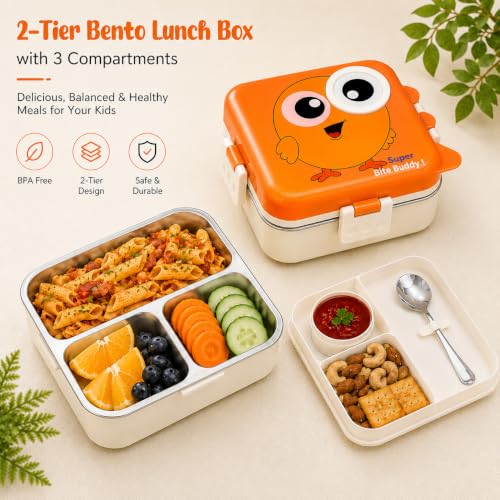 Image of Homy Super Bite Buddy Cartoon Kids Lunch Box with Compartments - Air Vent, Spoon, Sauce Container & Stainless Steel Tray - Purple Chick Design (1100ml+50ml)