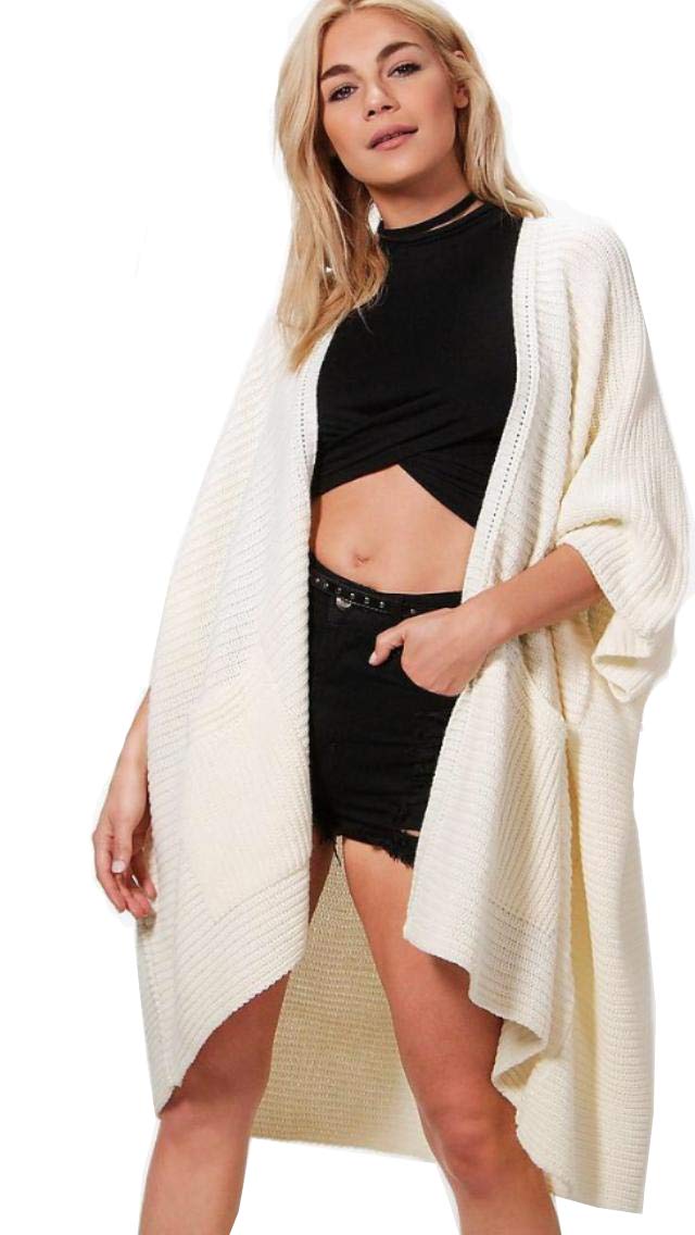 Crazy Girls Womens Chunky Knitted Baggy Oversized Pocket Long Jumpers Cardigans Cape (20-22, Cream)