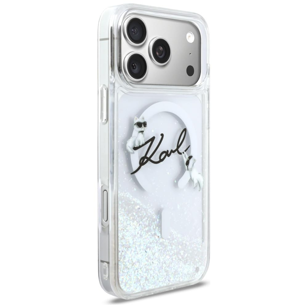CG MOBILE Karl Lagerfeld - Custodia per iPhone 17 Pro Max con brillantini liquidi Karl Script Log compatibile con MagSafe (trasparente)