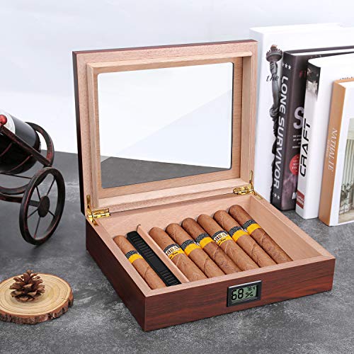 Cigar Humidor Cigar Box with Humidifier and Digital Hygrometer Glass Top for 20-25 Cigars Pouch Gifts for Dad Cigar Humidor Cigar Box with Humidifier and Digital Hygrometer Glass Top for 20-25 Cigars Pouch Gifts for Dad