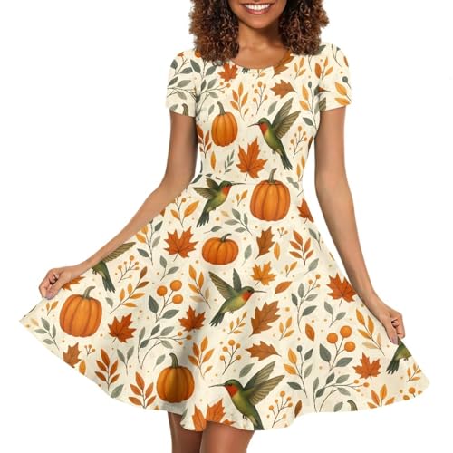 Image of HUGS IDEA Womens Puffy Swing Midi Dress Round Neck Short Sleeve Party A-Line Dresses