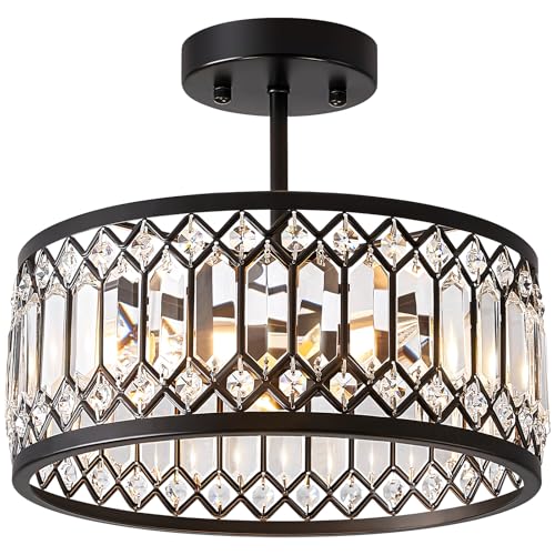 Vikaey Crystal Black Ceiling Light,Modern Semi Flush Mount Ceiling Lighting Fixture,Round Hallway Lighting Fixtures Chandelier for Kitchen Entryway Bedroom Dining Room,3-Light,12.2 in