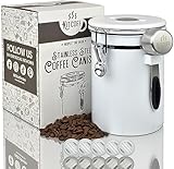 Kitcoff Coffee Grounds and Beans Container Canister with Date Tracker, CO2-Release Valve and Measuring Scoop - Made of Stainless Steel with Airtight Lids - Large, 22oz, White