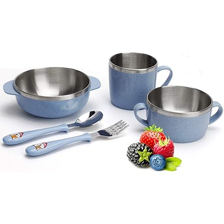 Amazon Vanra 子供食器セット 子供用ステンレスカトラリーセット フォーク スプーン ボウル カップ キッズ 可愛い動物 5セット ブルー Vanra 子ども用食器セット