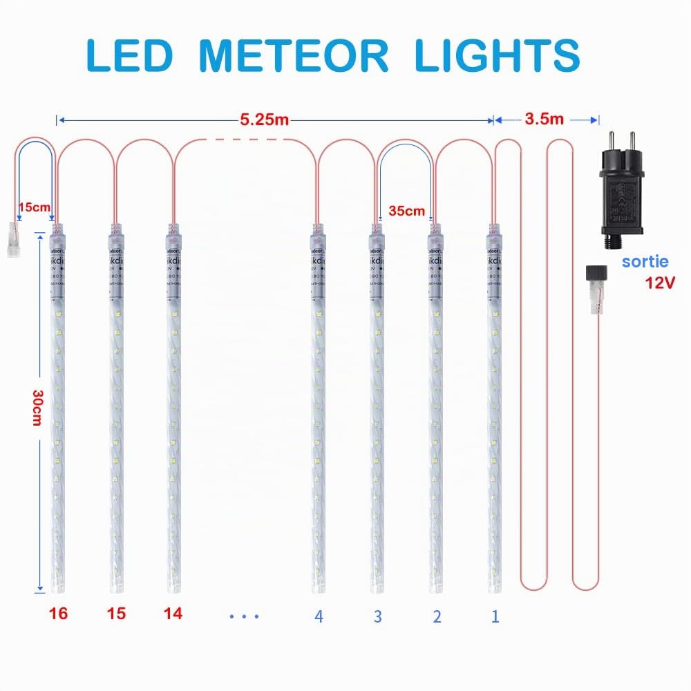 Lumières de Noël extérieures, Lumières de pluie de météores avec 16 tubes spirales (30cm 480 LEDs) longueur 5,25m, Lampe à glaçons étanche pour la décoration de Noël en extérieur, Blanc
