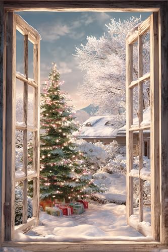 WOOHOOROO Peel and Stick 3D Christmas Fake Window Sticker,Removable Snowy