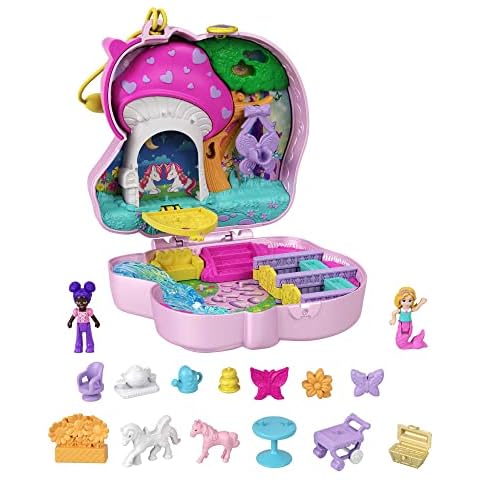 Polly Pocket Unicorn Forest Compact Tea Party-Themed Playset with Glitter Horn, 2 Micro Dolls & 13 Accessories, Toy Gift for Ages 4 Years Old & Up Cover