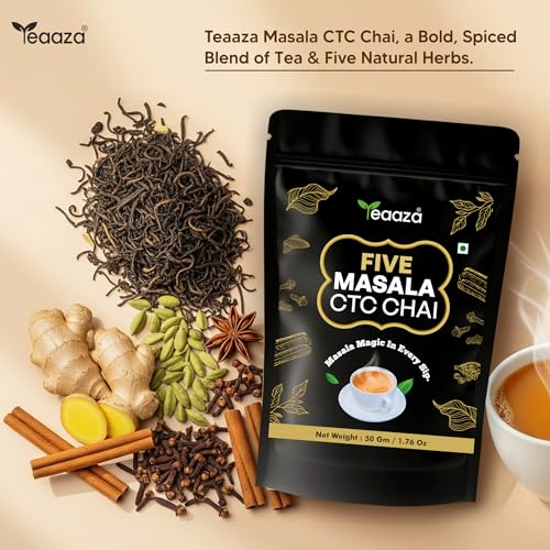 Image of Teaaza premium masala chai, Assam ctc tea blend with 5 natural ingredients- Black Pepper, Ginger, Cinnamon, Cardamom & Clove | Strong Indian Spiced Black / Milk Tea | Natural Ingredients, Bold Flavor -50g