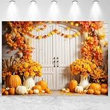 7x5ft Fall Backdrop Autumn Maple Leaves Pumpkin Floral Rustic Barn Door Photography Background for Fall Thanksgiving Day Harvest Party Banner Decorations Kids Adults Portraits Photo Studio Props