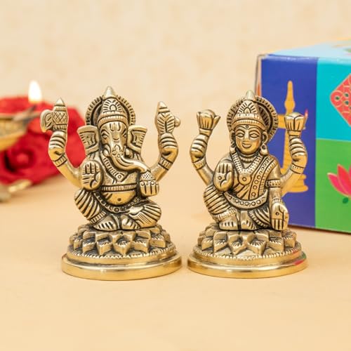 Image of Ekhasa 100% Pure Brass Lakshmi Ganesh Idol with Gift Box | Pital Murti for Pooja Room Decor Office Desk | Religious Housewarming Grah Pravesh Diwali Wedding Gift for Couple