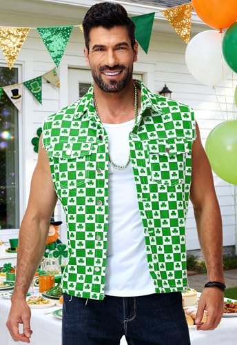 Image of AOBUTE Mens 4th of July Denim Vest American Flag Print Sleeveless Jean Jacket