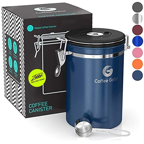 Coffee Gator Stainless Steel Coffee Grounds and Beans Container Canister with Date-Tracker, CO2-Release Valve and Measuring Scoop, Large, Blue