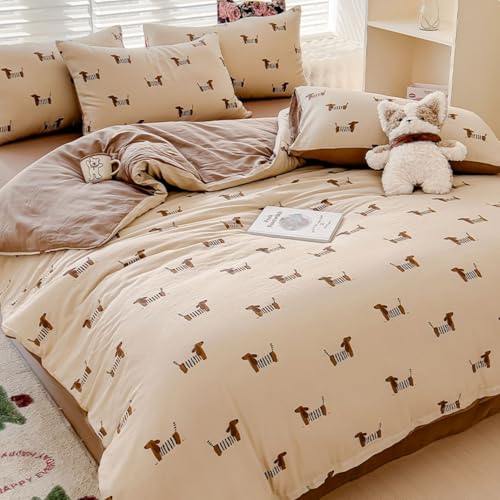 Sedefen Bettwäsche 135x200cm Dackel Beige Braun Wendebettwäsche Set 2 Teilig Wursthund Dackel-Motiv Bettwaren-Sets Microfaser ÖKO-TEX Bettbezug mit Reißverschluss und 1 Kissenbezug 80x80cm