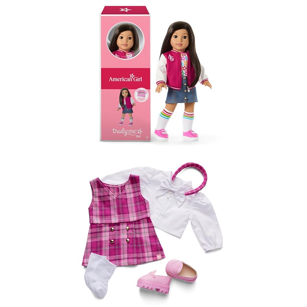 Bundle of American Girl, Truly Me 18-inch Doll #124 with Brown Eyes, Straight Black-Brown Hair, Light-to-Medium Skin, Ages 6+ + Truly Me 18-inch Doll Outfit, Pink &amp; Preppy Outfit, for Ages 6+