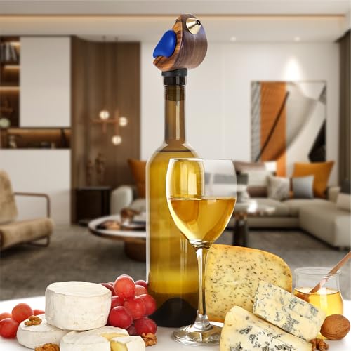 Songbird Specialties Wine Bottle Pourer, Fun Wine Pourer Spout Sings While It Pours, Wine Bottle Sealer, Acacia Wood with Blue Wings by SONGBIRD SPECIALTIES - Image 5