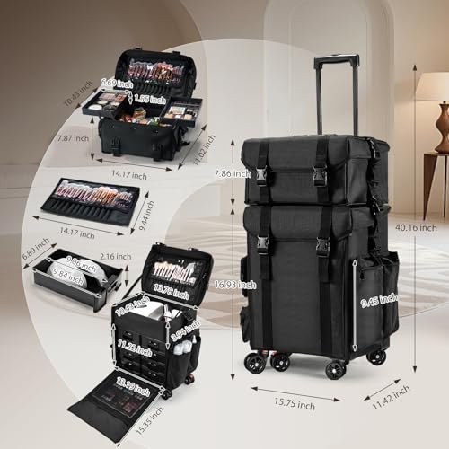 Costravio Kosmetyczka podróżna do makijażu 2 w 1 etui na przybory do makijażu miękka dwustronna nylonowa kosmetyczka organizer podróżny pokrowiec na pociąg z kółkami, czarny profesjonalny futerał do makijażu, Czarny, Nylonowa walizka na kółkach