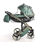 Original Junama Diamond Fluo-Line Reisesysteme Kinderwagen 2in1 3in1 4in1 + Schlafsack + Handmuff + Sonnenschirm + Originalzubehör Exclusive Prams (3in1, Gold-Grün 02)