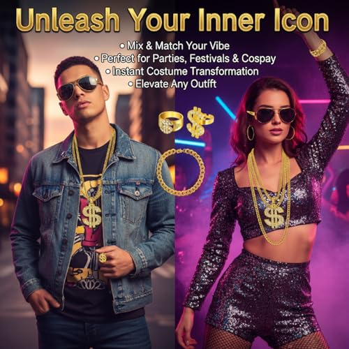 XIMU-SHANGDIAN 8Pcs Hip Hop Costume Accessories Set | Gold Chain, Dollar Sign Rings, Earrings, Retro Sunglasses & Bracelet | 80s 90s Disco Carnival Fancy Dress for Men Women - Image 6