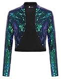 Womens Casual Sequin Jacket Long Sleeve Open Front Glitter Cropped Blazer Bolero Shrug(Dark Green,M)