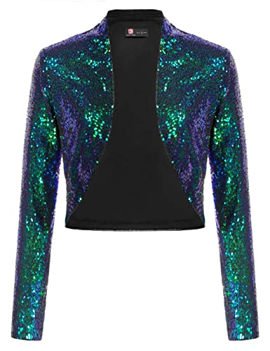 Womens Casual Sequin Jacket Long Sleeve Open Front Glitter Cropped Blazer Bolero Shrug(Dark Green,M)