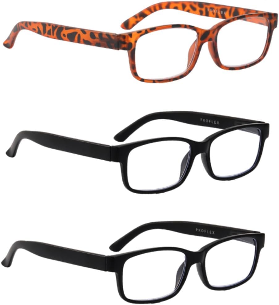 PROFLEXSafari Reading Glasses - anti-headache, BluOptix blue light blocking, spring hinges, tough impact & scratch resistant, unisex (mens + womens), stylish +1.0, 1.5, 2.0, 2.5, 3.0, 3.5, 4.0