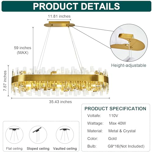 Image of AioTio Modern Crystal Chandelier, L35.4'' Rectangle Brass Gold Kitchen Chandeliers Over Table, Crystal Raindrop Industrial Farmhouse Chandelier for Dining Room, Living Room, Kitchen Island,Bathroom