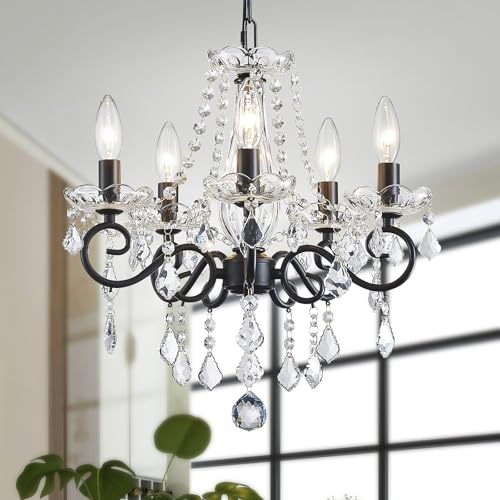 WUZUPS Crystal Candle Chandelier Pendant Flushmount Ceiling Light Modern Lighting Fixture for Bedroom Hallway Bar Kitchen Bathroom, H42 W43, Black, E14 Base