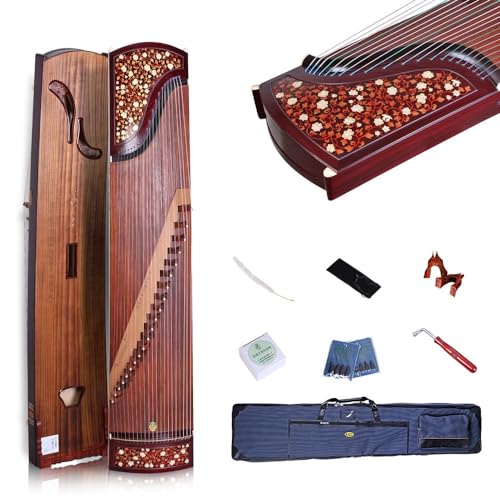 Instrumento musical tradicional chino Guzheng de 21 cuerdas, ramas y hojas con patrón dorado, palo de rosa de hoja ancha, instrumento musical profesional hecho a mano, incluye bolsa de almacenamiento