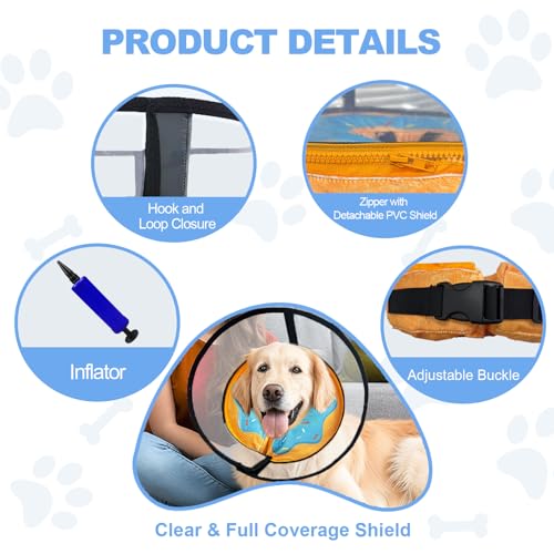 Image of Inflatable Dog Cone Collar, Soft Dog Cone After Surgery, for M M+ L XL Dogs, with Detachable Anti Licking Shield and Inflator, 2 in 1 Adjustable Alternative, Does Not Block Vision, XL