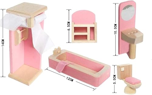 Miniatura 3 de Juego de muebles de casa de muñecas de madera, incluyendo cocina, baño, dormitorio, habitación de niños, para casa de muñecas color rosa