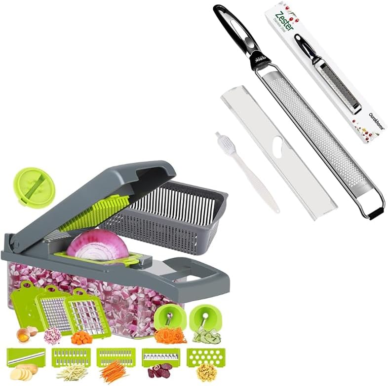 Ourokhome Cortador de cebolla 14 en 1, cortador profesional de mandolina para cocina, cocina, rallador de limón de acero inoxidable, rallador de
