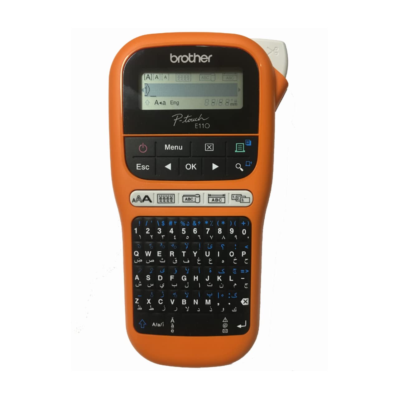 BROTHER PT E110VP Label Printer, Portable Label Maker for Electricians and Network Installations, English, Arabic & Farsi Keyboard, Up to 12mm label, Orange, Small