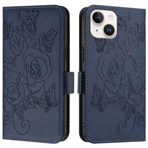 Étui folio iPhone 13 antichoc bleu pour éviter les rayures d'écran avec porte-carte