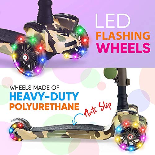Image of Hurtle 3-Wheeled Scooter for Kids - Wheel LED Lights, Adjustable Lean-to-Steer Handlebar, and Foldable Seat - Sit or Stand Ride with Brake for Boys and Girls Ages 1-14 Years Old