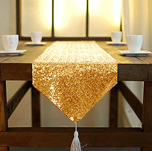ShinyBeauty Sequin Table Runner Gold 12x72 Inch Glitz Metallic Table Cover Tassel Birthday Party Supplies Gold Sequence Table Linens Runner for Holiday Events